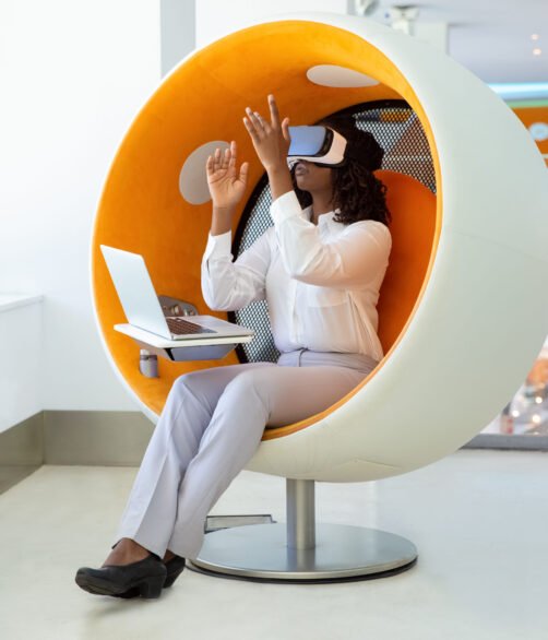 Focused woman testing VR headset